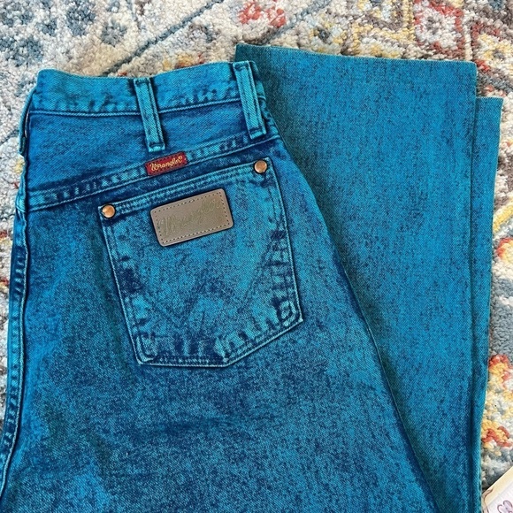 Rare Vintage Wrangler Teal Acid Wash Straight Leg High Rise Jeans- Size 15 - Picture 7 of 12